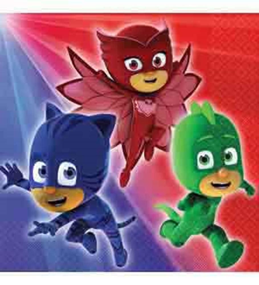 Square paper napkins featuring colorful PJ Masks characters Catboy in blue, Owlette in red, and Gekko in green on a vibrant.