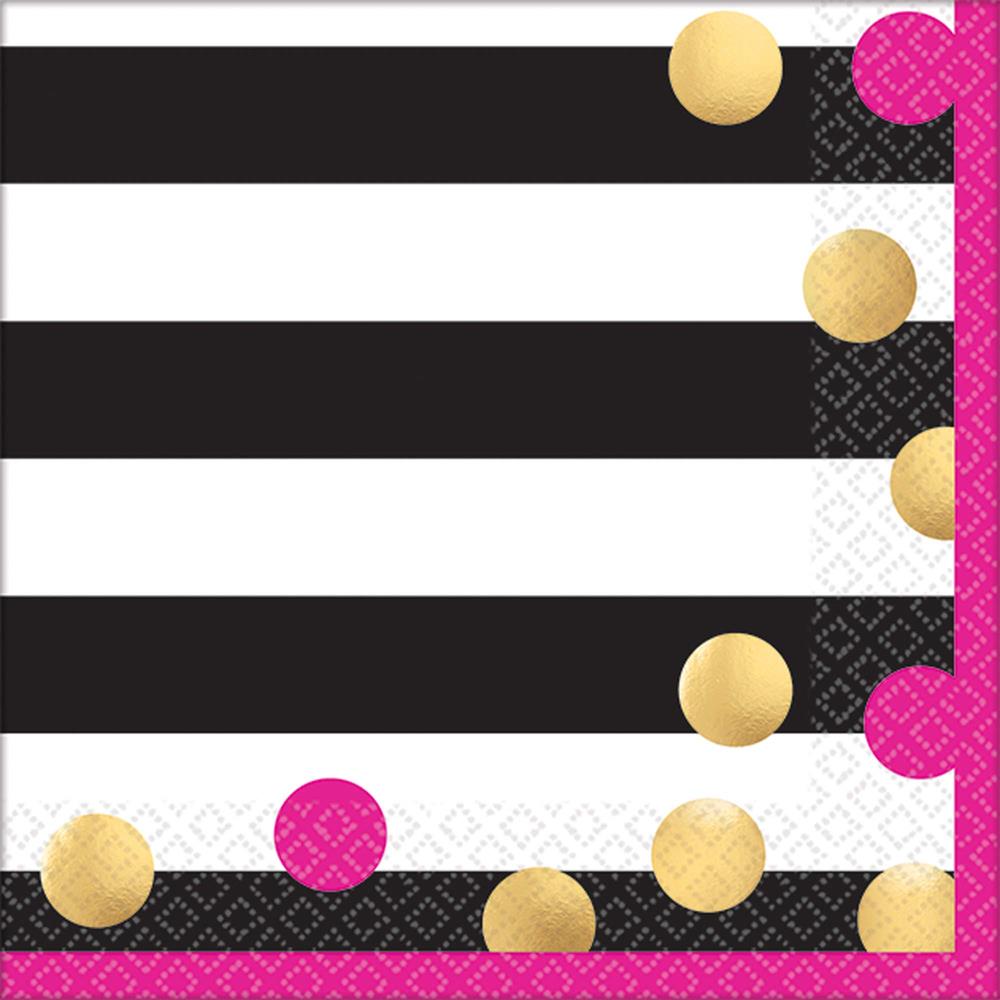 Black and white striped napkin with pink edges and gold confetti dots.