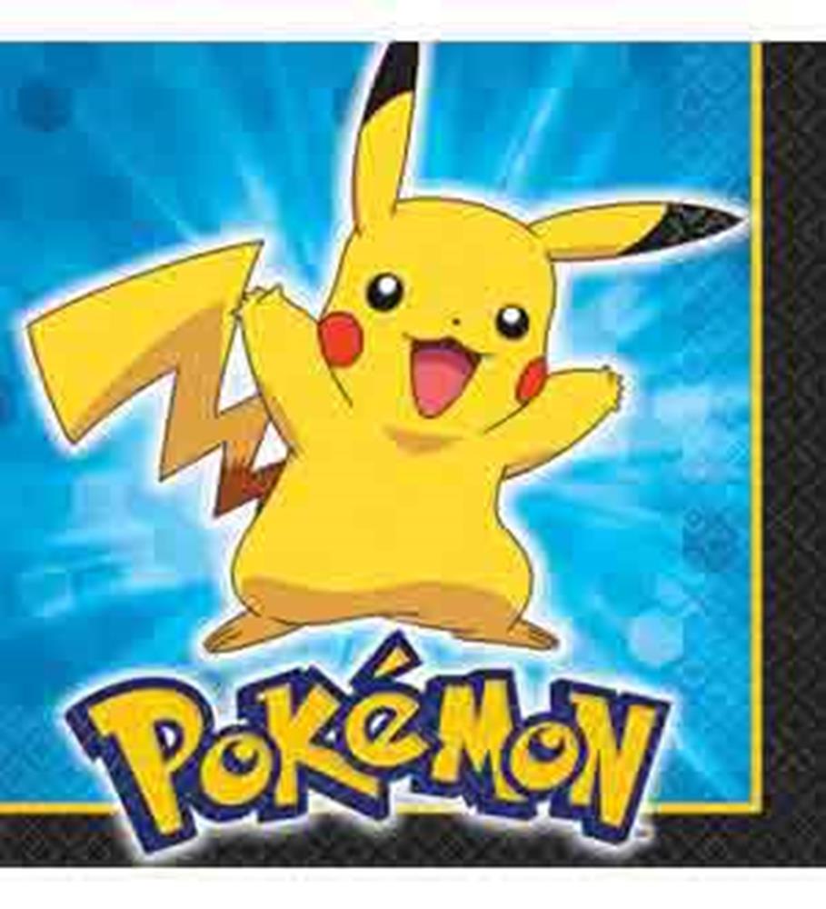 Small square napkins featuring a bright yellow Pikachu on a blue background with the Pokémon logo at the bottom.