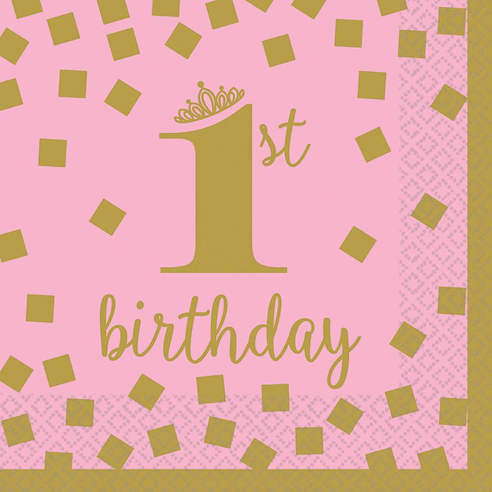 Pink beverage napkin with gold confetti, "1st birthday" text, and a small crown on the number one.