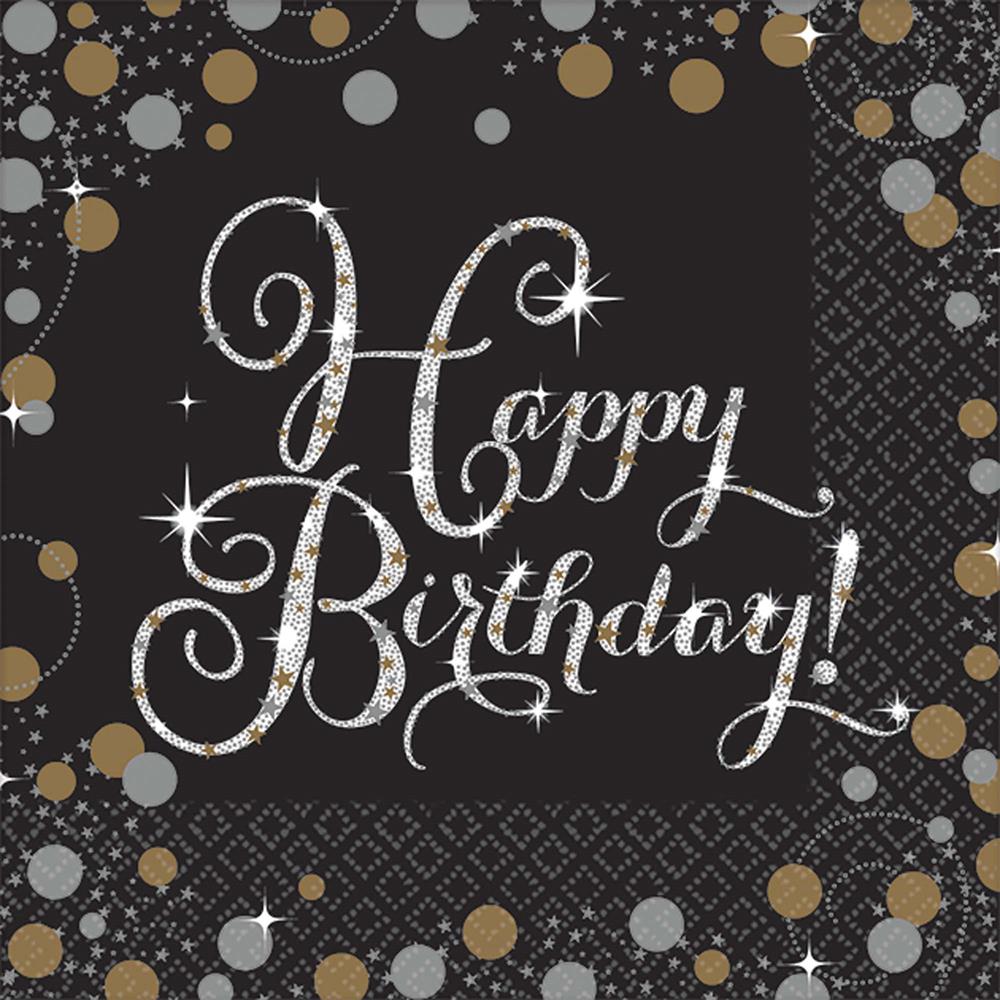 Black beverage napkins with silver and gold glitter dots and "Happy Birthday!" in sparkly silver script.