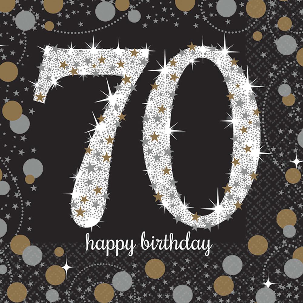 Black beverage napkin with sparkling number 70 and gold, silver stars and dots, "happy birthday" text in white cursive.