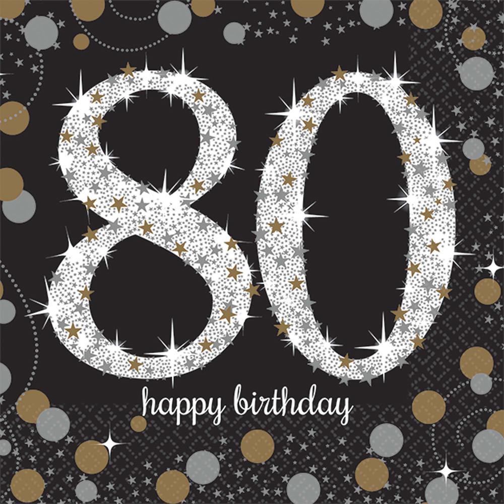 Black beverage napkins with sparkling white and gold number 80 and "happy birthday" script.
