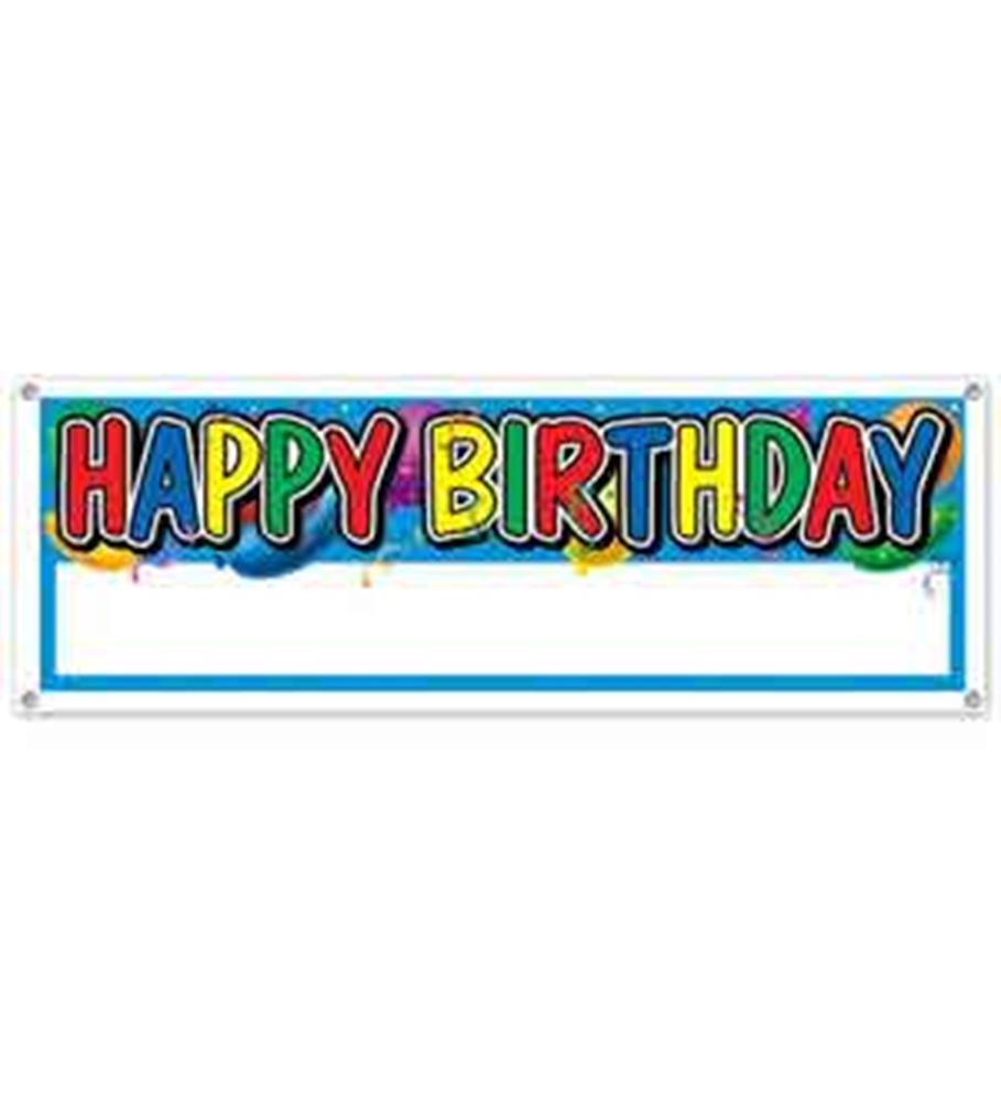 Colorful "Happy Birthday" banner with bold, multicolored letters on a blue background decorated with balloons.