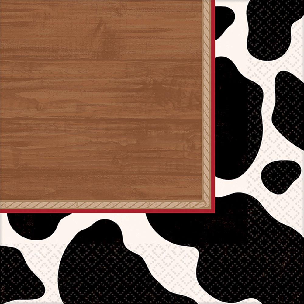 Square paper napkins with wood grain center, red rope border, and black-and-white cow print edges.