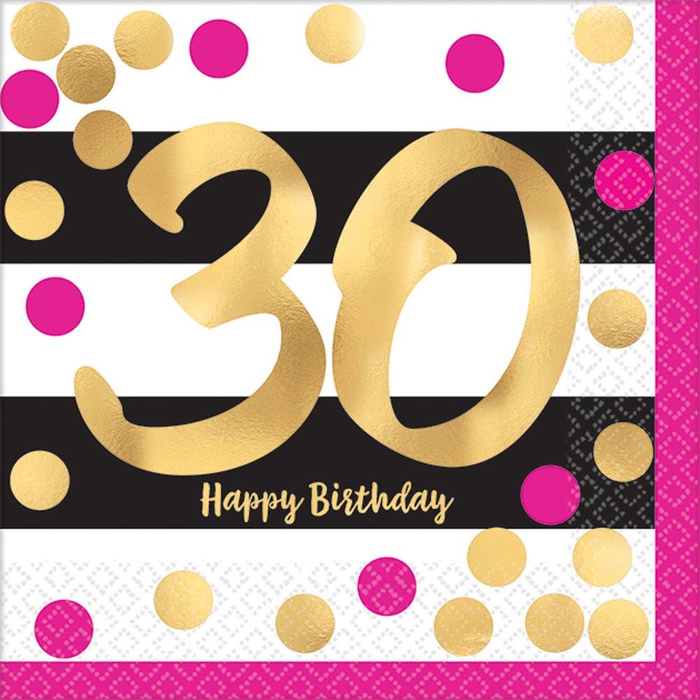Napkin with large gold "30" and "Happy Birthday" text, pink and gold polka dots on white background.