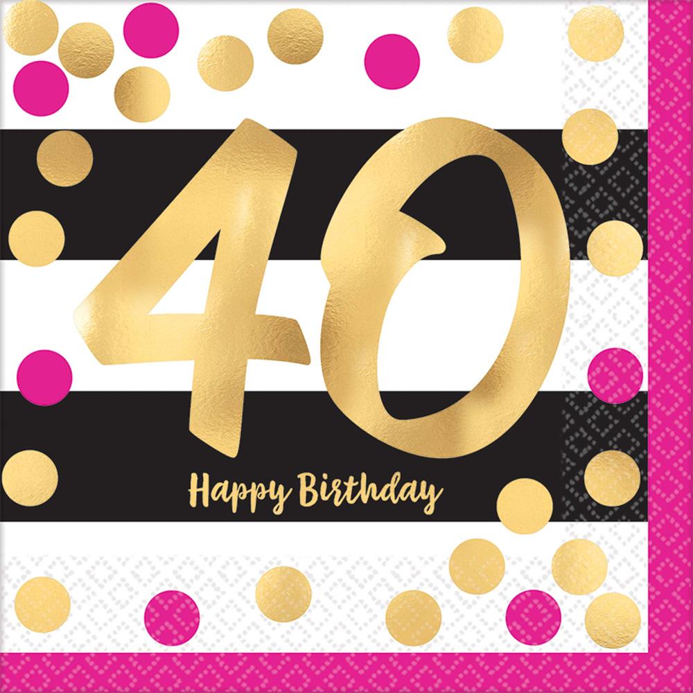 Napkin with black and white stripes, gold "40" and "Happy Birthday" text, pink and gold polka dots.