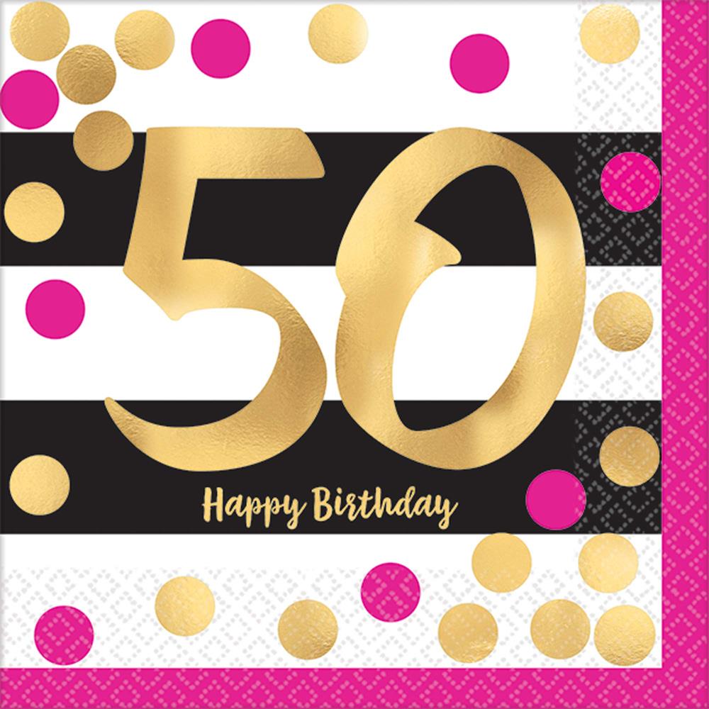 Square napkin with large gold "50" and "Happy Birthday" text, pink and gold polka dots on white background, pink border edge.