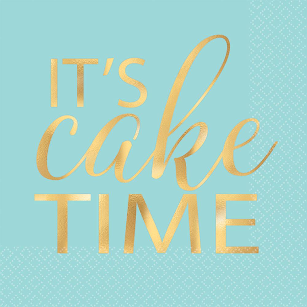 Light blue square napkin with gold foil text reading "IT'S cake TIME" in a mix of bold and script fonts.