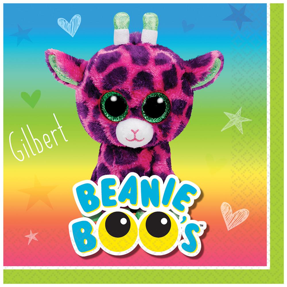 Colorful napkin featuring a plush purple and pink giraffe with large green eyes and the text "Beanie Boos" on a rainbow.