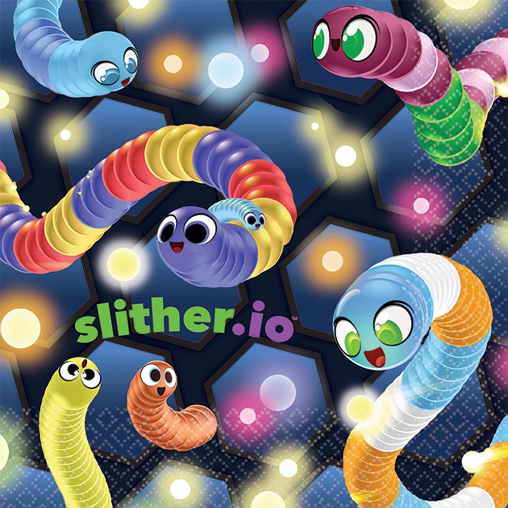 Colorful cartoon snakes with big eyes on a dark background with glowing hexagons and "slither.io" text.