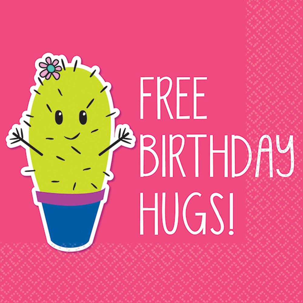 Square pink paper napkin with a cute smiling cactus in a blue pot and white text "Free Birthday Hugs!".