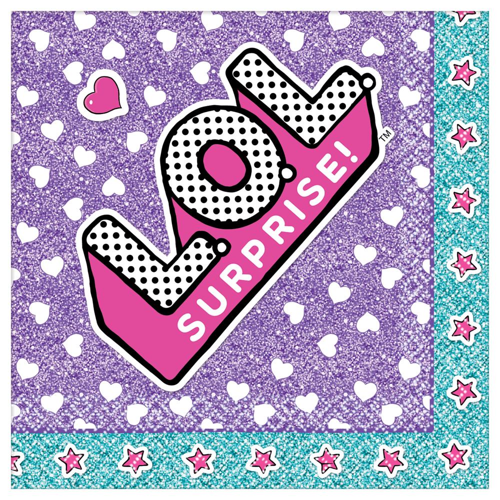 Purple napkin with white hearts, turquoise border with pink stars, and pink "LOL Surprise!" logo.