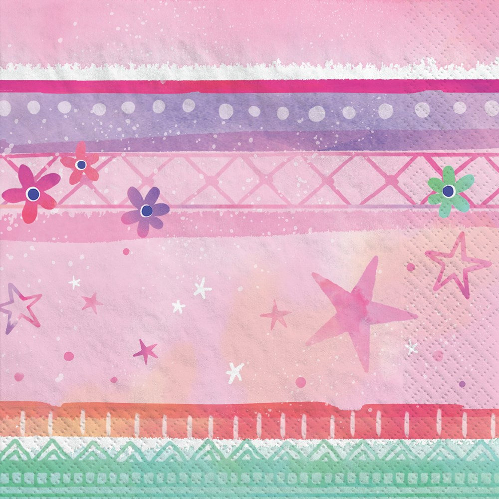 Pink beverage napkin with multicolored stars, stripes, flower patterns, and a mix of textures.