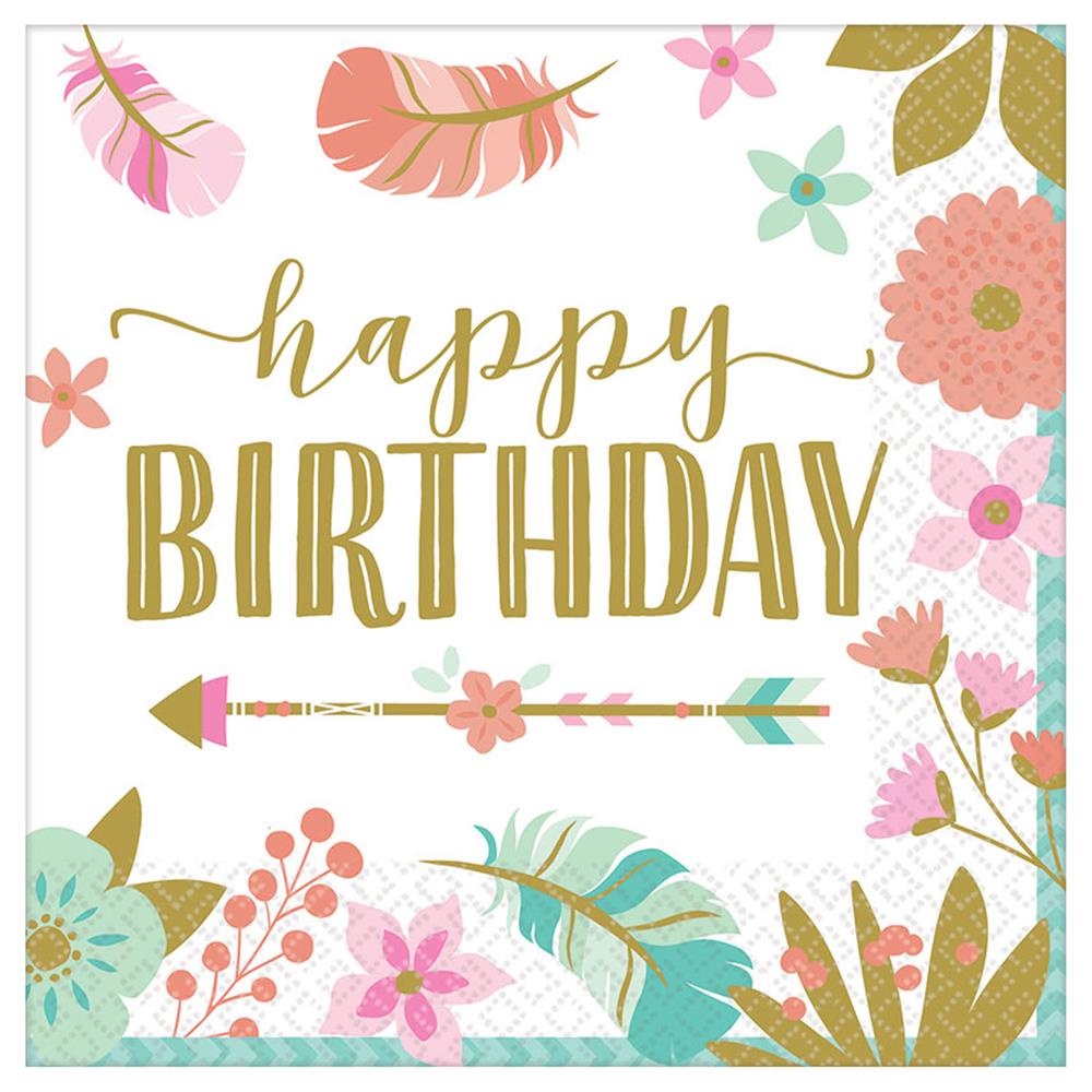 White square napkin with gold "happy BIRTHDAY" text, decorated with pastel feathers, flowers, and leaves in pink, teal, and.