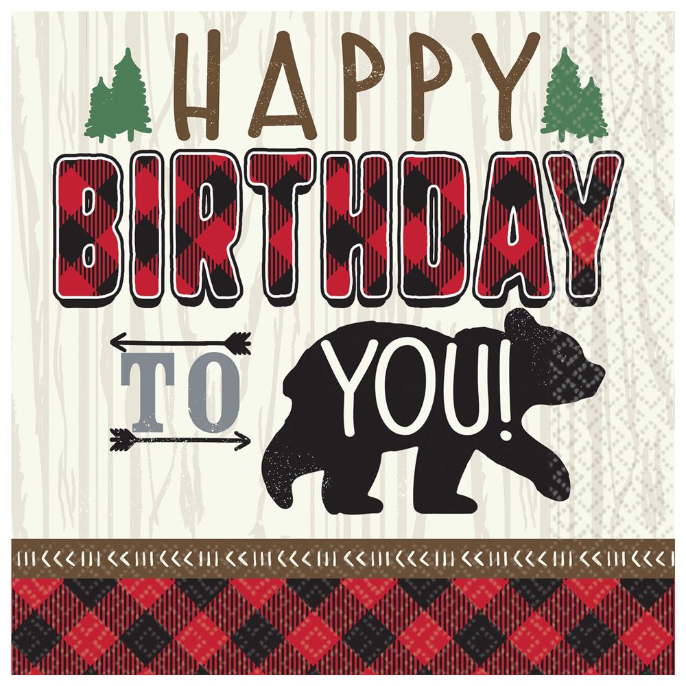 Square paper napkin with red and black buffalo plaid border, beige background, brown "Happy" text, "Birthday" in red plaid.