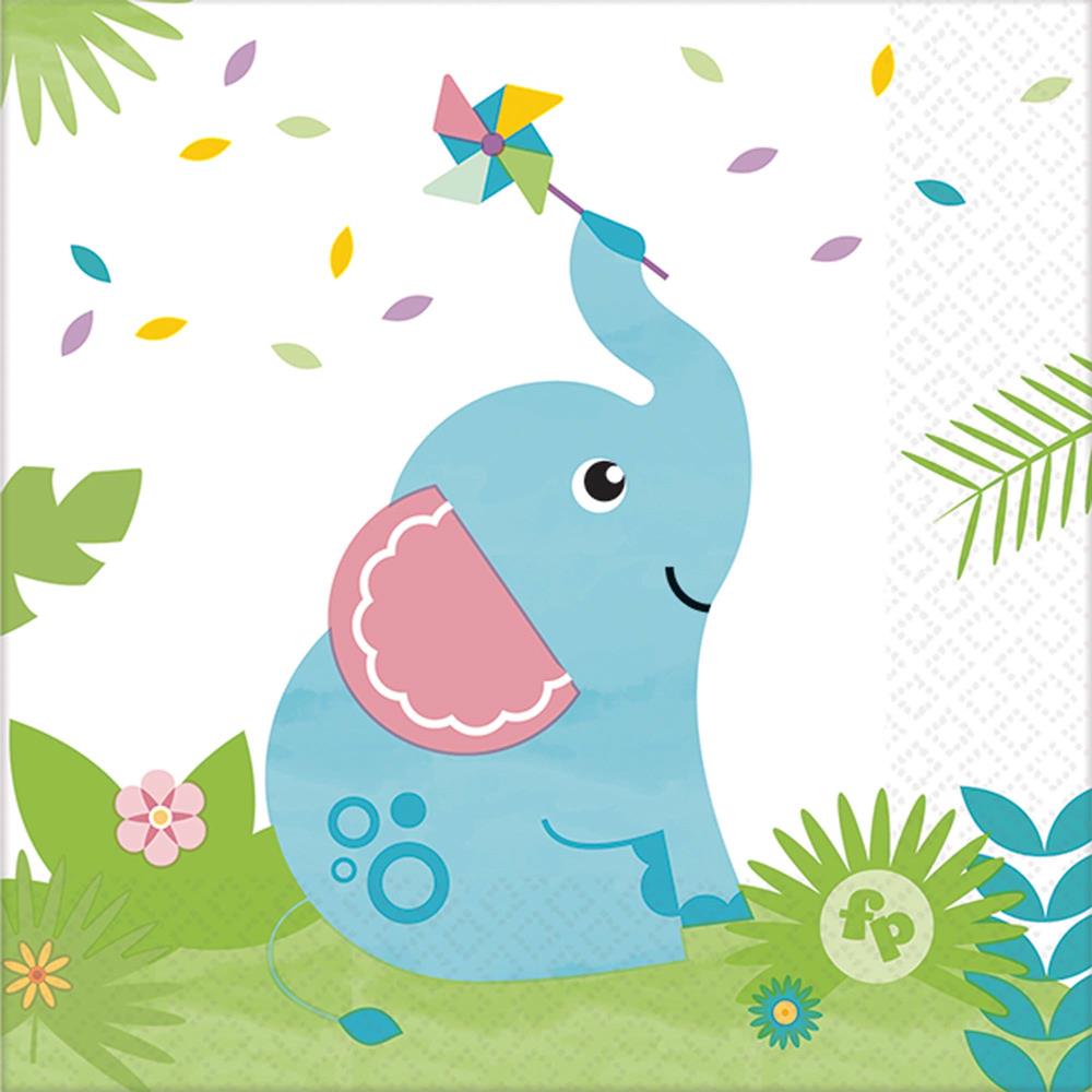Blue cartoon elephant with pink ears holding a colorful pinwheel on white napkin with green leaf and flower accents.