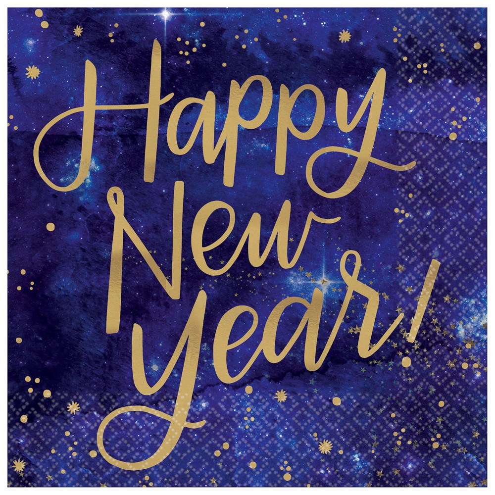 Square dark blue napkin with gold script "Happy New Year!" and scattered gold confetti dots.
