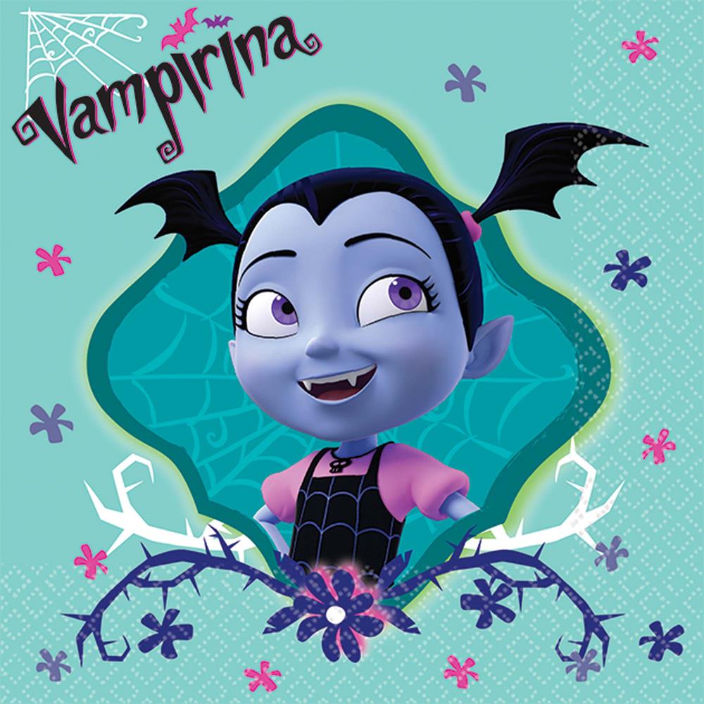 Square napkin with a teal background featuring Vampirina character, purple flowers, and black bats design.