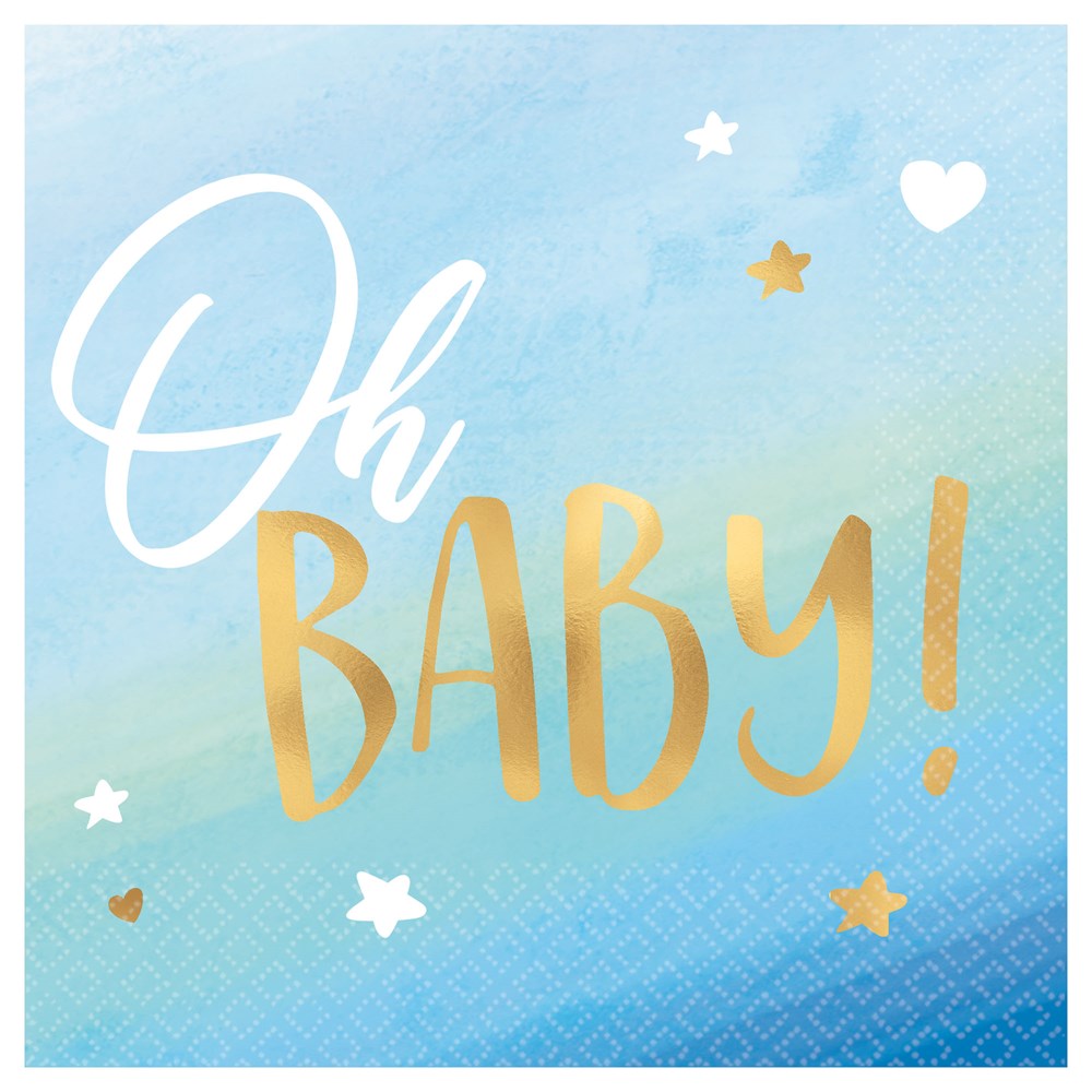 Blue gradient beverage napkin with "Oh Baby!" in white and gold script, accented with stars and hearts.
