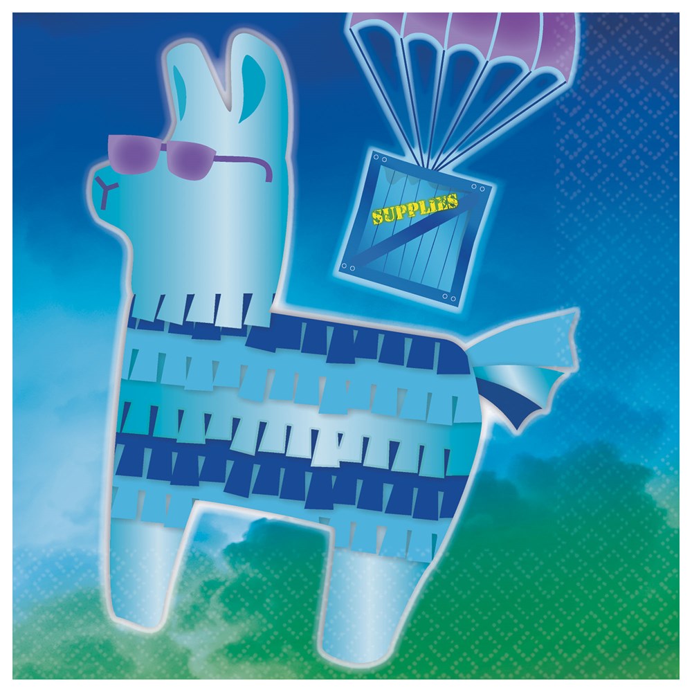 Blue llama wearing purple sunglasses with parachute and supply crate on patterned napkin.
