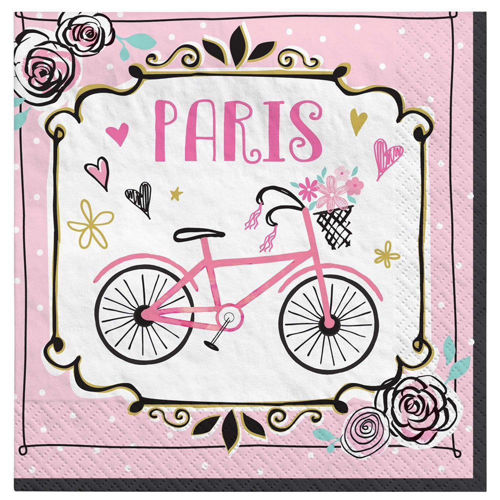Pink and white beverage napkin with a black and pink bicycle, floral accents, and "Paris" text.