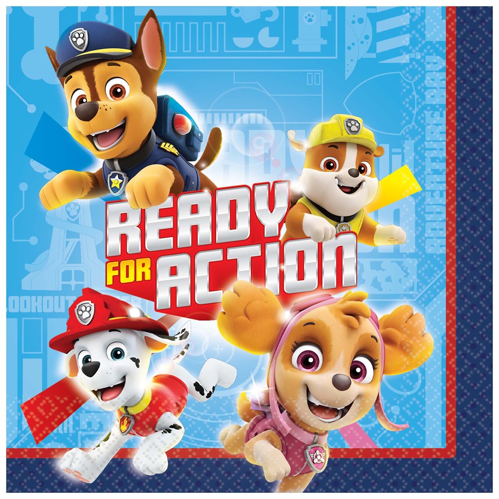 Square paper napkin with blue and red border featuring Paw Patrol characters Chase, Rubble, Marshall, and Skye above red and