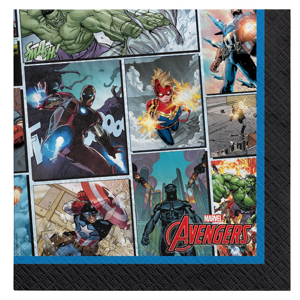Square paper napkins featuring colorful Marvel Avengers comic panels on a blue background, with black textured border and.