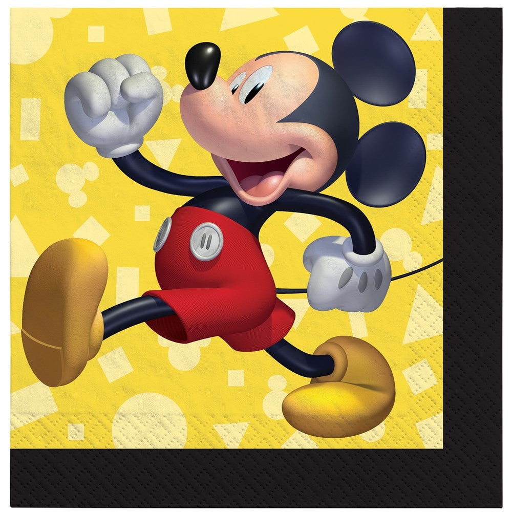 Yellow and black disposable napkin featuring Mickey Mouse in red shorts and yellow shoes, 16 count pack.