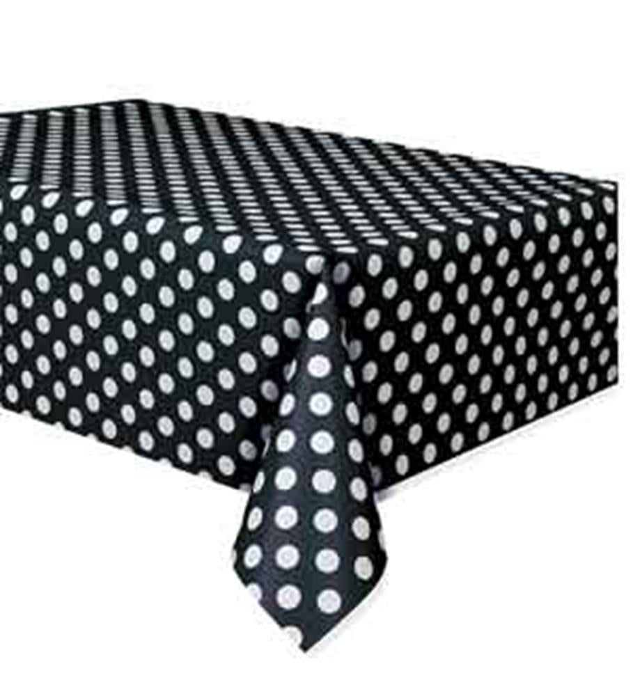 Black tablecloth with evenly spaced white polka dots, rectangular 54x108 inches.
