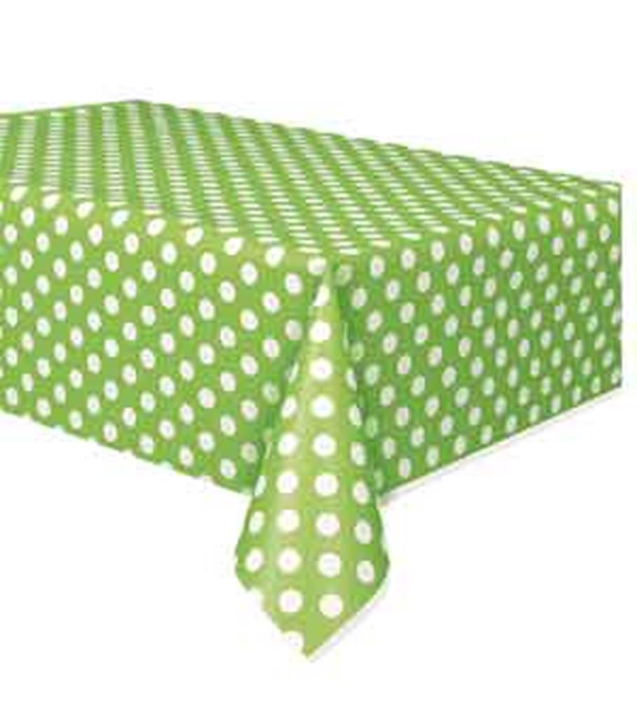 Lime green rectangular tablecloth with evenly spaced white polka dots, smooth fabric finish.