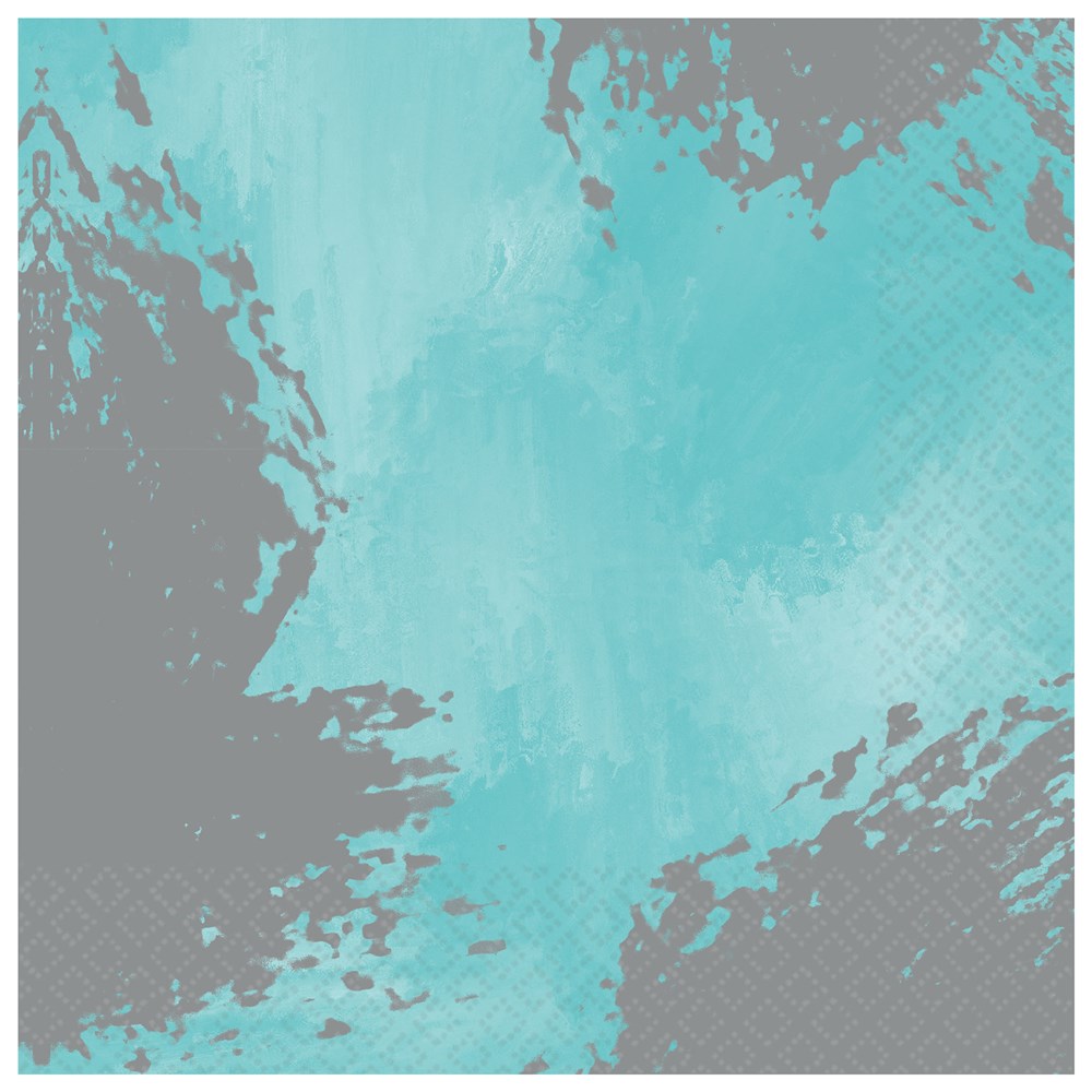 Robins egg blue napkin with abstract gray brushstroke pattern, soft textured fabric.