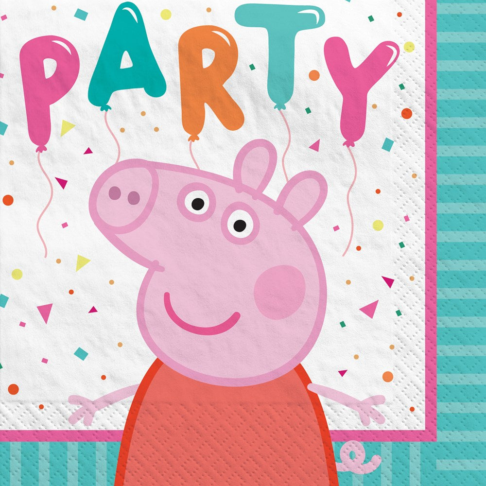 Square paper napkin with Peppa Pig wearing a red dress, colorful confetti, and the word "PARTY" in balloon letters above on.