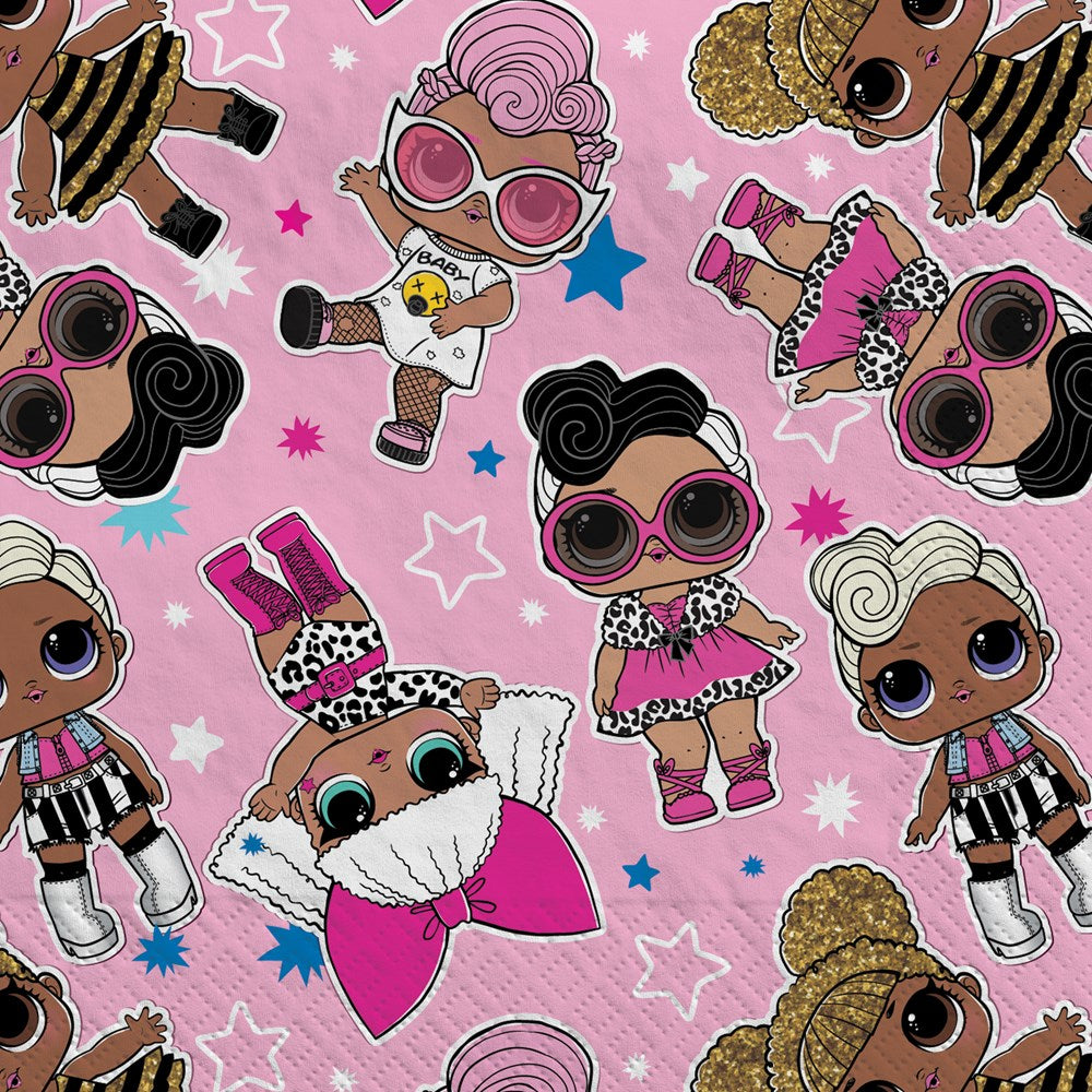 Pink beverage napkins with colorful LOL Surprise dolls and star patterns, 16 count pack.