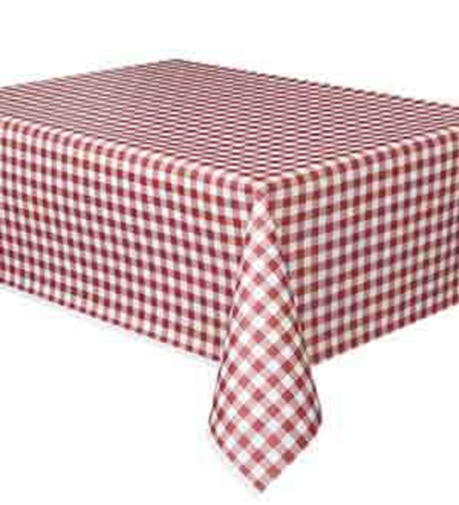 Red and white gingham checkered rectangular plastic table cover with draped edges.