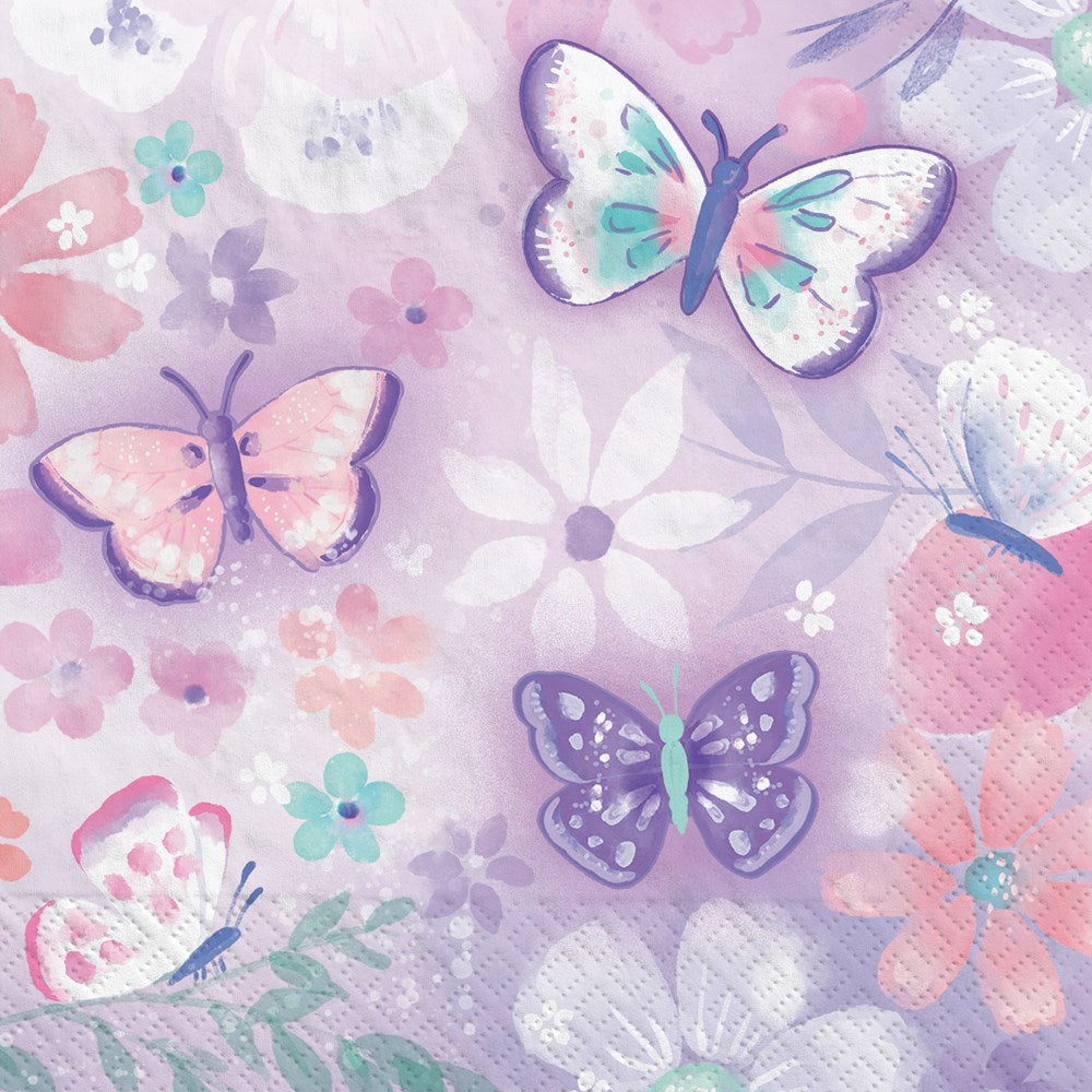 Purple beverage napkins with colorful butterflies and floral patterns, soft textured paper, pack of 16.