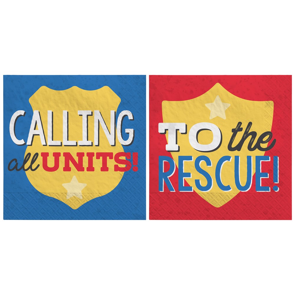 Two square beverage napkins with first responder themes; one blue with yellow badge and "Calling All Units!" text, the other