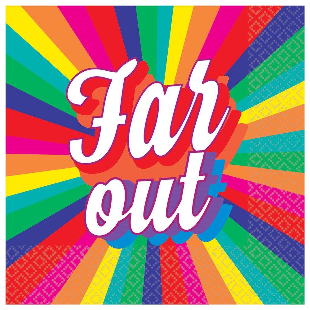 Colorful beverage napkin with rainbow rays and "Far out" in white retro font, 16-count pack.