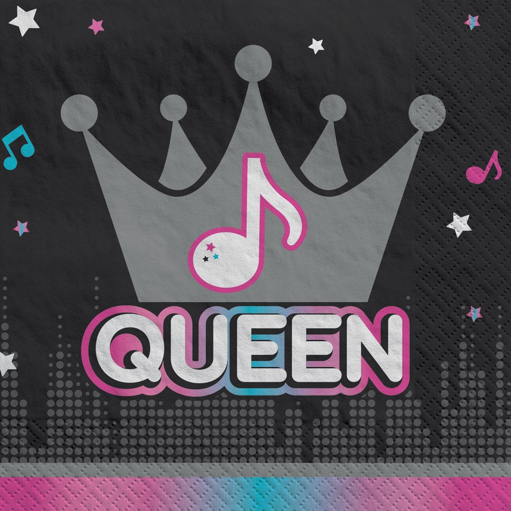 Black beverage napkin with silver crown, pink musical note, and colorful "QUEEN" text with star accents.