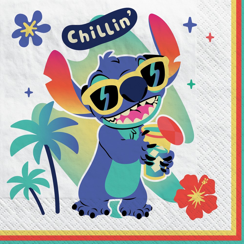 Colorful Stitch character wearing sunglasses holding a drink on a white napkin with tropical flowers and palm trees.