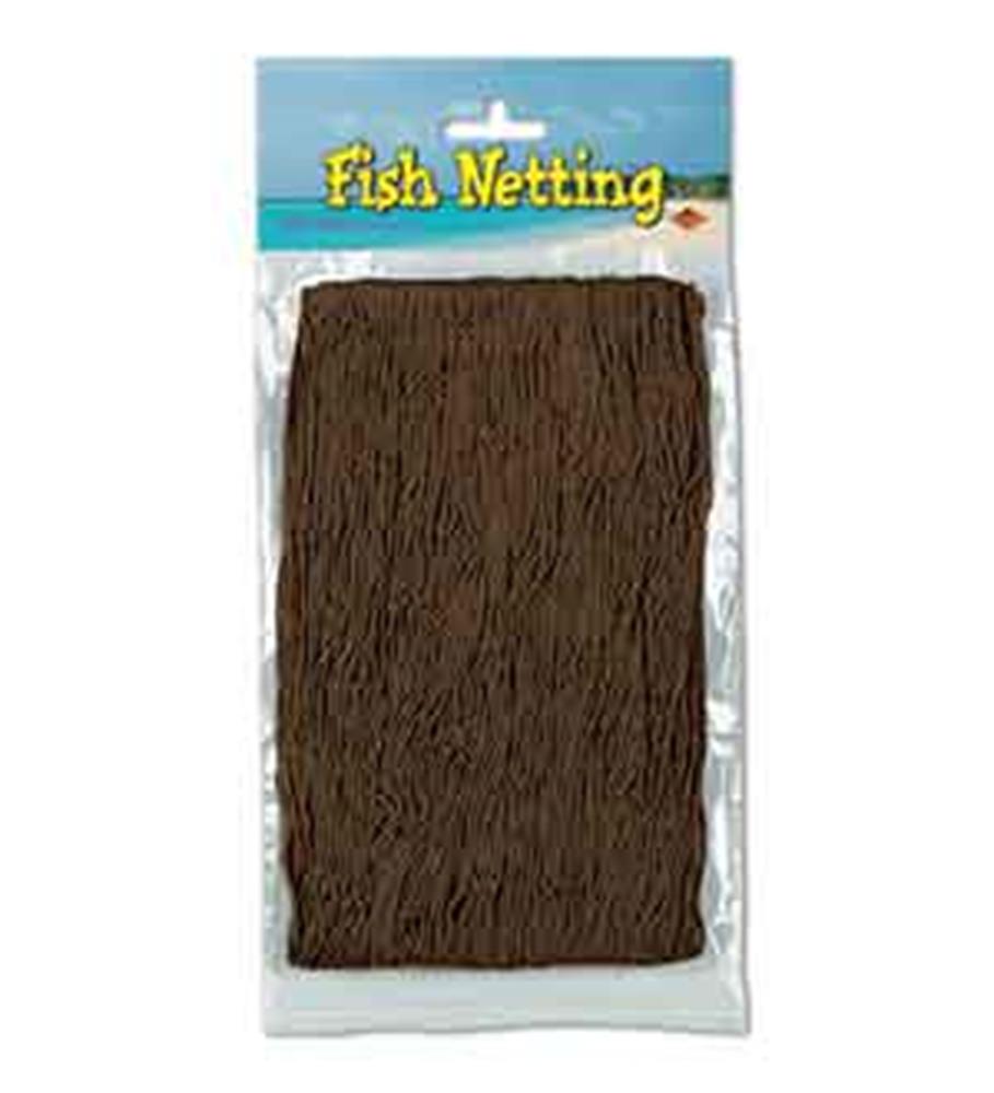 Brown lightweight synthetic fish netting folded inside clear plastic packaging with blue and yellow labeled header reading.