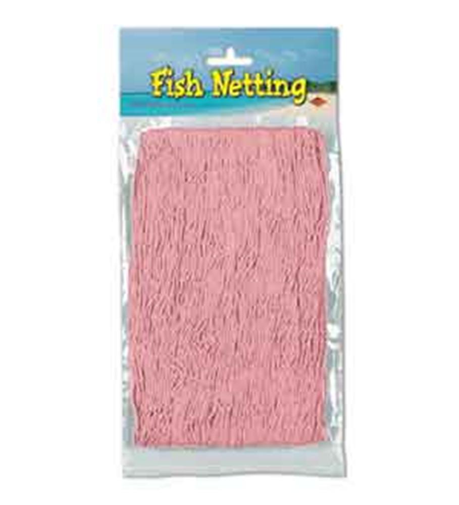 Pink fish netting with wide mesh, packaged on a beach-themed card labeled "Fish Netting".