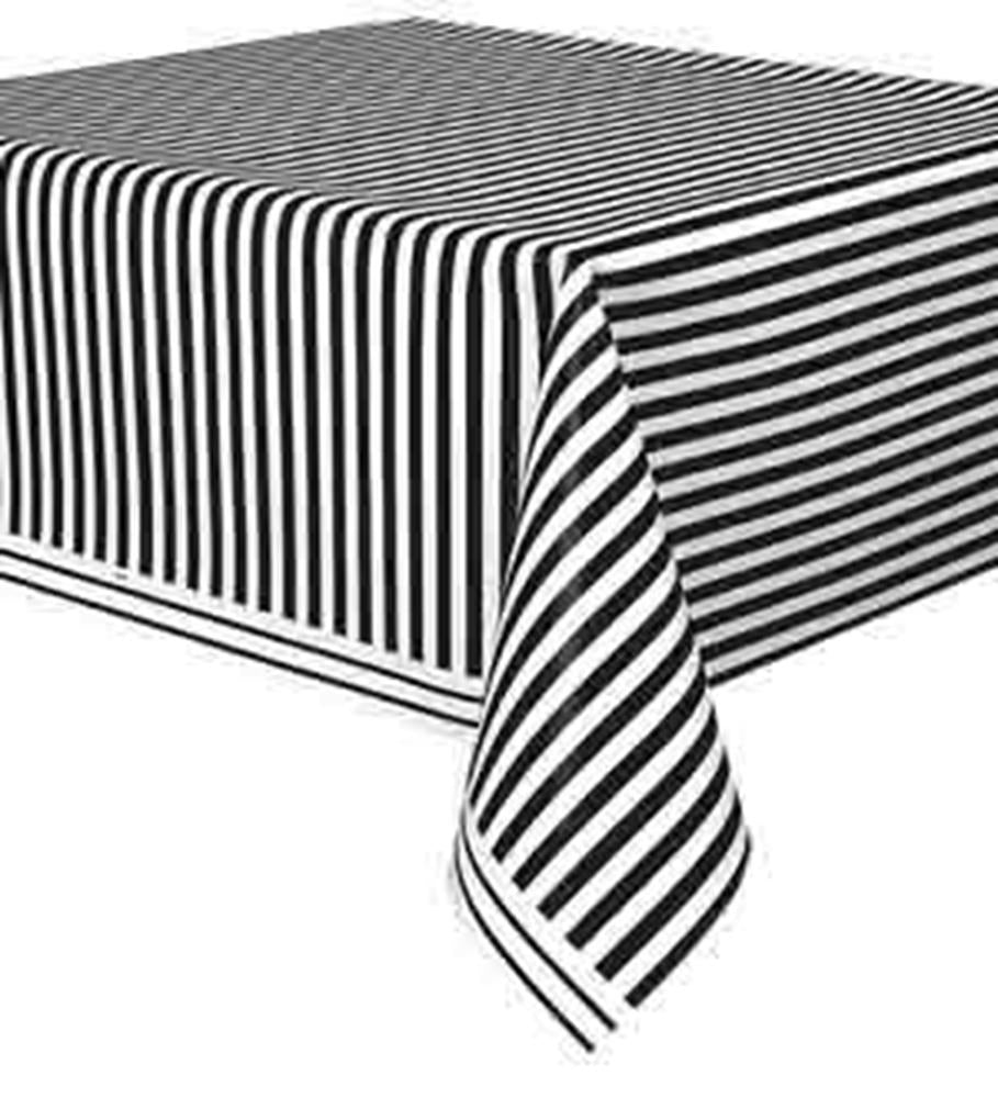 Black and white vertical striped rectangular tablecover with clean edges.