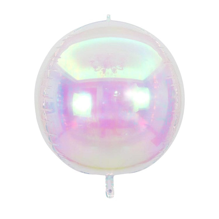 32-inch spherical foil balloon with iridescent mother of pearl sheen and glossy finish.