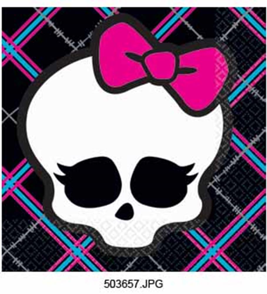 Black napkin with neon pink and blue plaid pattern featuring a white skull with pink bow and long lashes.