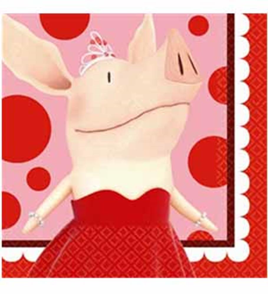 Square pink napkin featuring a pig wearing a red dress and tiara with red polka dot background.