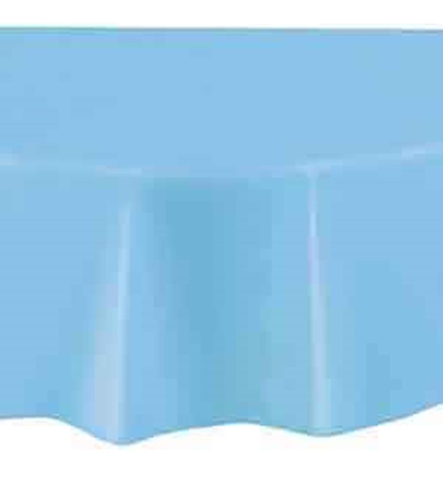 Powder blue round plastic table cover with smooth matte finish and 84-inch diameter.