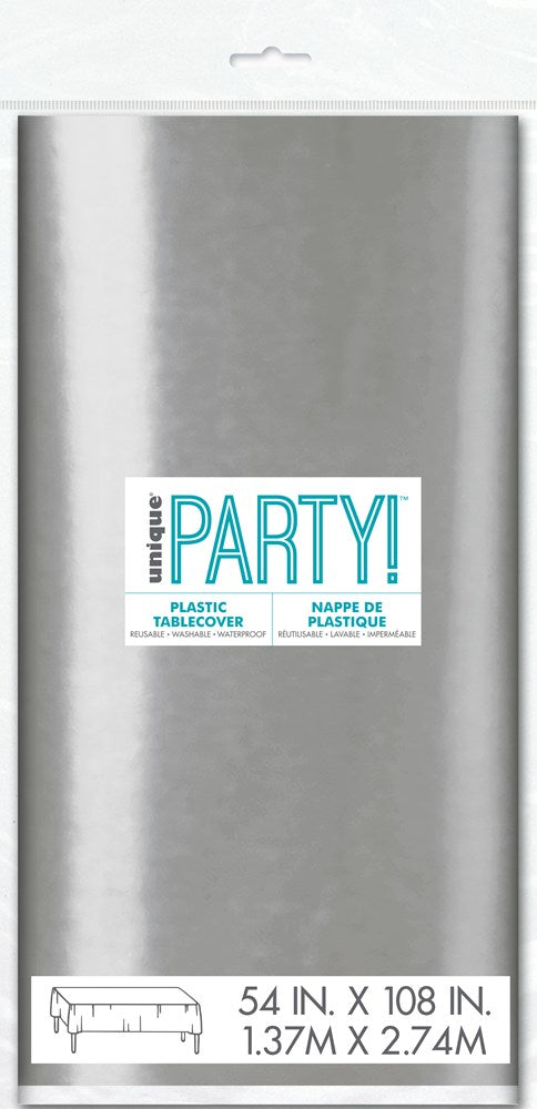 Rectangular silver foil table cover with a smooth, shiny metallic finish, 54 by 108 inches.