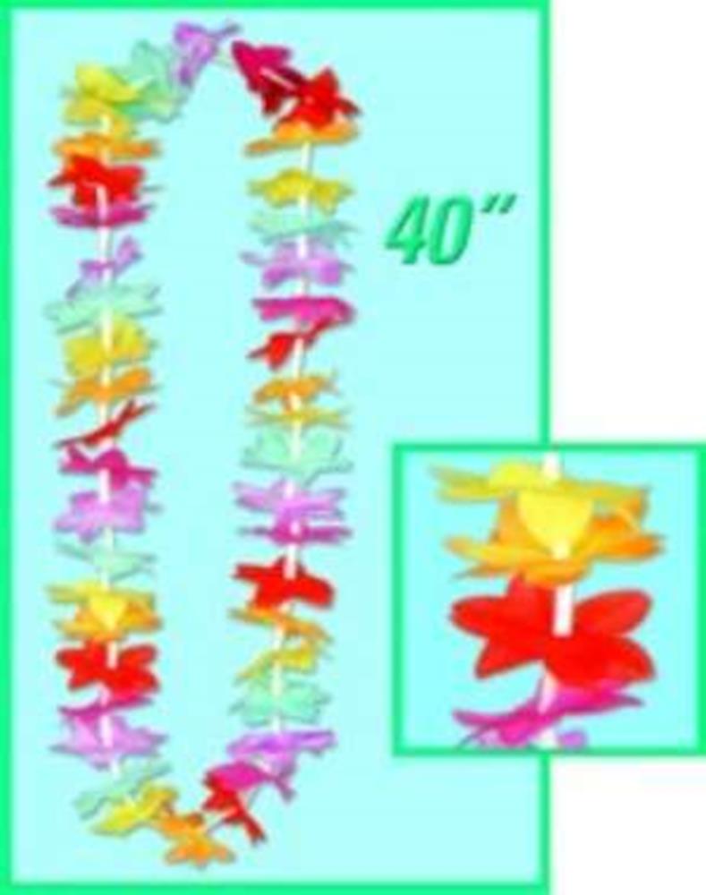 Colorful plastic flower leis in red, yellow, pink, blue, and white, 40 inches long.