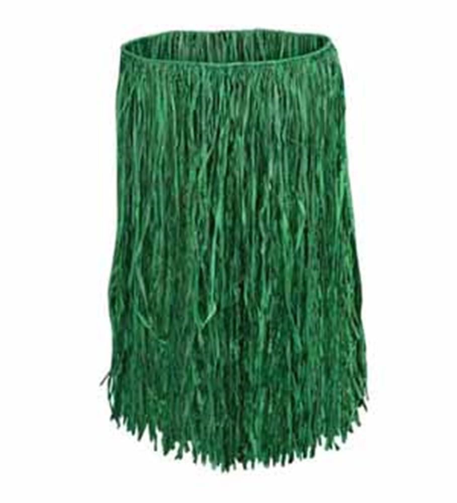 Green raffia skirt with long fringe strands and elastic waistband.